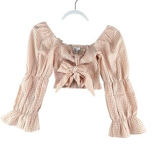 Hot & Delicious Peach Gingham Smocked Crop Top Bow Puff Sleeve Womens Small